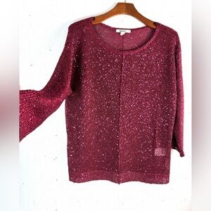 DKNY M Holiday Sparkle Sequined Deep Burgandy Textured Thin Knit Top